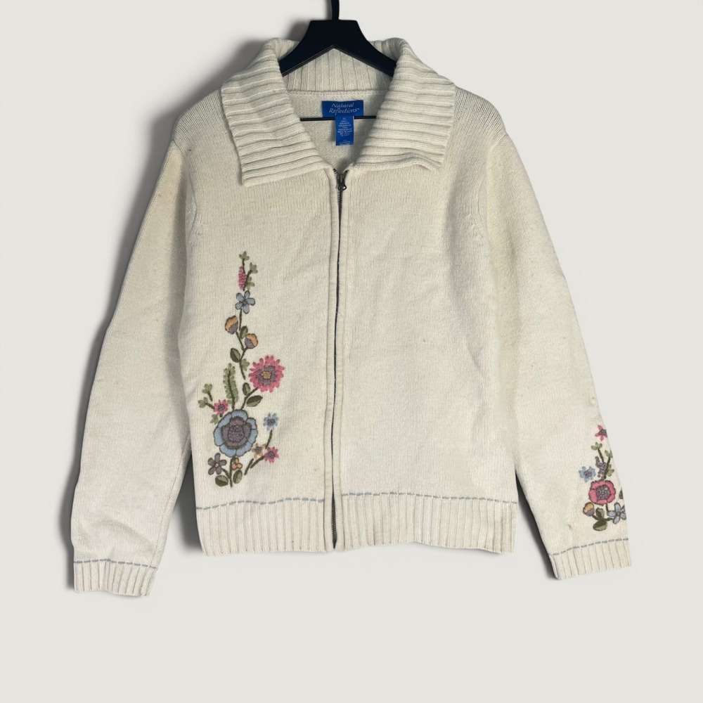Natural Reflections Womens XL Wool Blend Cardigan Sweater Floral Embroidered Zip